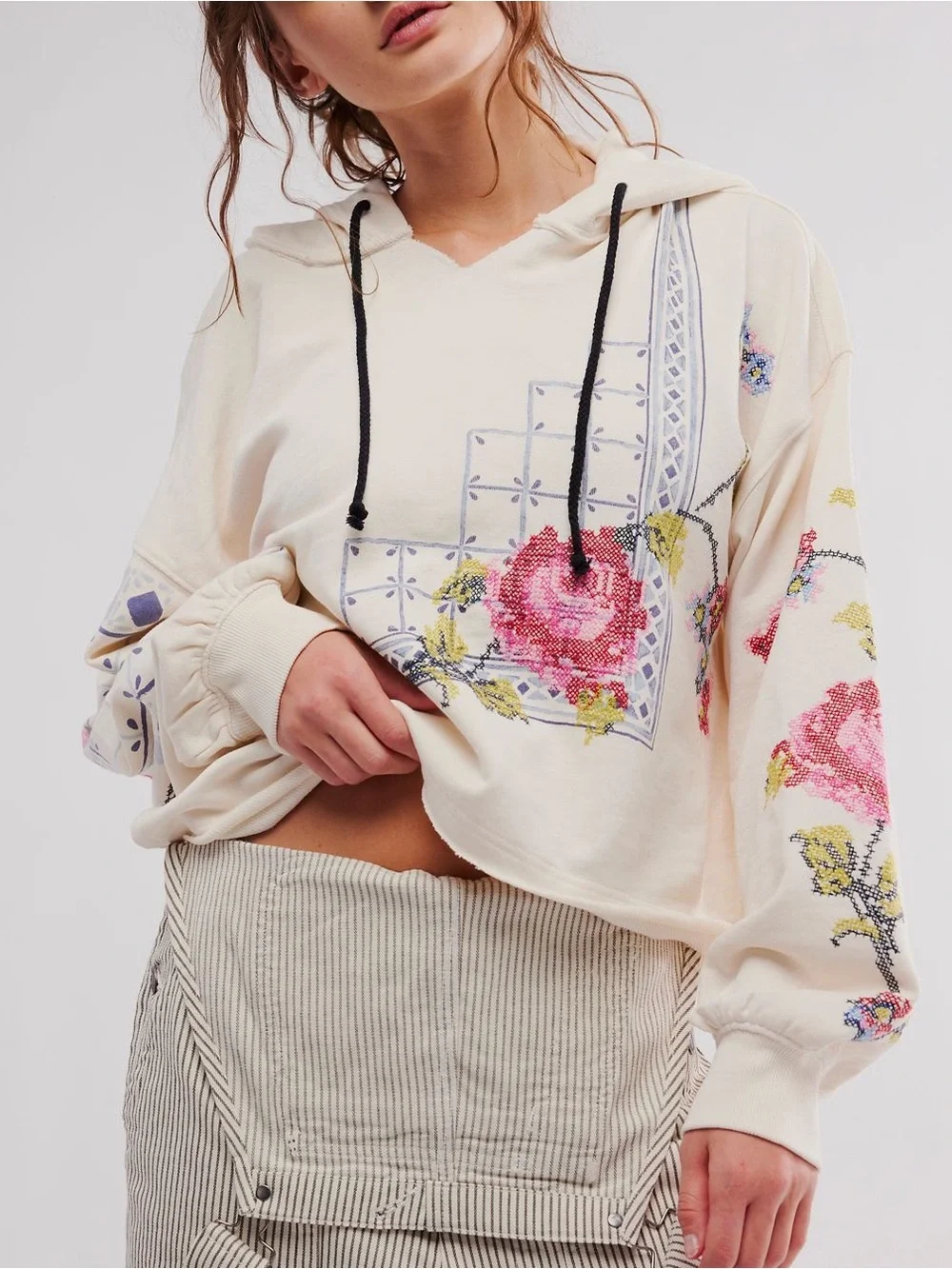 Free People Sweet Treat Embroidered Pullover Hoodie Sweatshirt in Ivory Combo